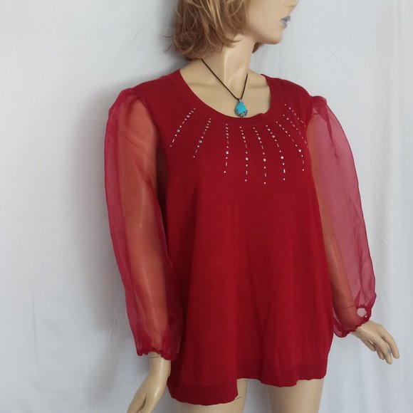 NWT 89th & Madison Red Knit Sweater with Puffy Sheer Sleeves & Stud Detail Sz 2X - Picture 3 of 8
